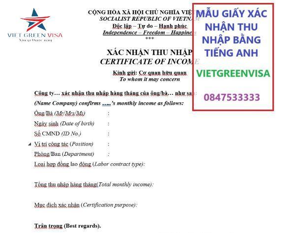 Mẫu giấy xác nhận thu nhập cá nhân tiếng Anh và song ngữ