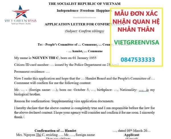 Mẫu dịch Đơn xin Xác nhận Quan hệ Nhân thân sang tiếng Anh, Viet Green visa