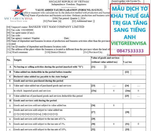 Mẫu dịch tờ khai thuế giá trị gia tăng sang tiếng Anh, Viet Green visa