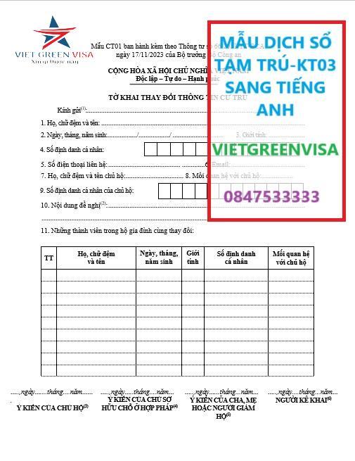 Mẫu dịch sổ tạm trú-KT3 sang tiếng Anh, Viet Green visa