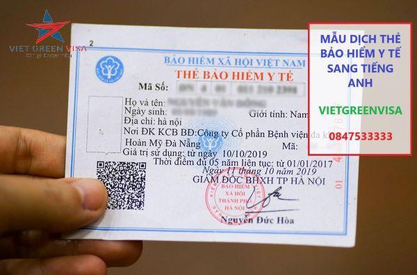 Mẫu dịch thẻ bảo hiểm y tế sang tiếng Anh, Viet Green visa