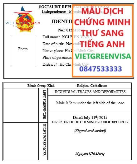 Mẫu dịch thuật chứng minh thư sang tiếng Anh, Viet Green visa