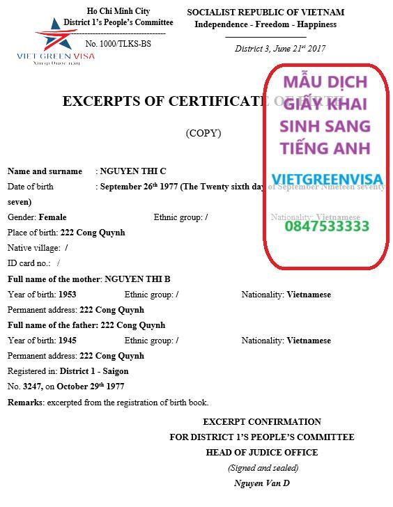 Mẫu dịch giấy khai sinh sang tiếng Anh