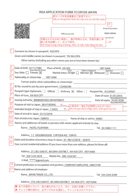 Viet Green Visa, Điền tờ khai visa Nhật Bản, Mẫu tờ khai visa Nhật Bản, Cách điền mẫu tờ khai visa Nhật Bản